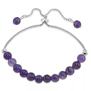 Genuine Stone Amethyst Bead Bolo Bracelet 925 Sterling Silver Adjustable